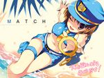  beach brown_eyes brown_hair copyright_request cuffs handcuffs hat highres match_(drink) midriff navel necktie one_eye_closed open_mouth police police_uniform policewoman product_girl product_placement short_hair shorts smile solo tatami_to_hinoki thigh_strap translated uniform wallpaper 