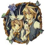  1girl aki-t bad_id bad_pixiv_id blonde_hair brother_and_sister card flower green_eyes hair_ornament hair_ribbon hairclip heart hitobashira_alice_(vocaloid) holding holding_card kagamine_len kagamine_rin necktie ribbon rose short_hair siblings smile twins vocaloid 