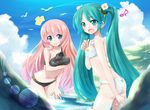  2girls :d aqua_eyes aqua_hair bad_id bad_pixiv_id bare_shoulders bikini bird breast_hold breasts cloud day fang flower hair_flower hair_ornament hatsune_miku komone_ushio leaning_forward lens_flare long_hair medium_breasts megurine_luka multiple_girls musical_note open_mouth outdoors pink_hair sky small_breasts smile swimsuit twintails very_long_hair vocaloid wading water 