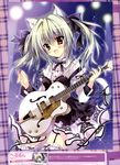  :d absurdres animal_ears black_legwear breasts cat_ears cat_tail dress electric_guitar fang frilled_dress frills garter_straps green_hair guitar hair_intakes herurun highres instrument lolita_fashion medium_breasts open_mouth plectrum smile solo tail thighhighs twintails yellow_eyes 