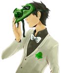  black_hair bow bowtie chalaite formal gas_mask green_eyes hand_on_hip highres homestuck jake_english male_focus skull smile solo suit undressing white_background 