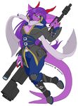  3_fingers anthro avencri big_ears boots breasts cleavage clothed clothing dragon eyewear female glasses green_eyes hair horn jacket long_hair pants purple_body purple_hair scalie scarf sniper_rifle vencrina wide_hips zipper 
