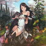  agnes_oblige arm_support bangs black_eyes black_gloves black_hair black_legwear boots bravely_default:_flying_fairy bravely_default_(series) dress forest gloves hairband hand_on_own_chest highres leg_up long_hair nature scan smile solo swept_bangs thigh_boots thighhighs white_dress yoshida_akihiko 