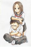  1girl annoyed arm_rest black_hair brown_eyes brown_hair butterfly_sitting crossed_arms highres karakai_jouzu_no_takagi-san kneeling long_hair nishikata official_art school_uniform serafuku short_hair sitting skirt smile takagi-san traditional_media watercolor_(medium) yamamoto_souichirou 