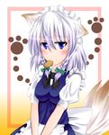  animal_ears blue_eyes bow braid cookie dog_ears dog_tail food fule hair_bow hair_ribbon highres izayoi_sakuya kemonomimi_mode looking_at_viewer maid maid_headdress mouth_hold ribbon short_hair silver_hair solo tail touhou twin_braids v_arms 