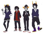  3boys belt black_hair black_legwear blue_eyes blush brown_eyes fangs gakuran gamzee_makara glasses grey_skin hand_on_hip hands_in_pockets homestuck hood hoodie horns karkat_vantas long_hair makeup mohawk multiple_boys open_mouth purple_eyes red_eyes school_uniform sharp_teeth shoes short_hair skirt smile tavros_nitram teeth thighhighs troll_(homestuck) uwabaki vriska_serket white_background yellow_sclera zettai_ryouiki 