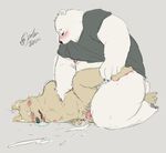  anthro bear bite black_nose blush chubby clothing cum cum_on_floor duo eyebrows kemono male mammal nipples open_mouth pawpads paws penis pink_penis polar_bear raised_shirt saliva sex shirt size_difference stevenlew teeth tongue tongue_out 