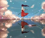  bird black_hair bow_(weapon) cloud cloudy_sky day feathers highres honoo_(pixiv7486582) horizon inuyasha japanese_clothes kikyou_(inuyasha) long_hair looking_afar looking_away looking_back miko quiver reflection sky solo standing standing_on_liquid turning_head water weapon 