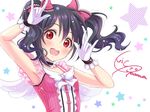  \m/ bangs black_hair bow character_name choker double_\m/ dress eyebrows_visible_through_hair gloves hair_between_eyes hair_bow idol looking_at_viewer love_live! love_live!_school_idol_project nico_nico_nii open_mouth red_dress red_eyes sleeveless sleeveless_dress smile solo star twintails upper_body white_gloves wings yazawa_nico yuuki_(yukinko-02727) 
