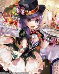  :d breasts carrying cleavage fork glass hat holding long_hair looking_at_viewer majoca_majoluna medium_breasts official_art open_mouth purple_eyes purple_hair shutsuri smile solo tray 