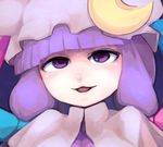  :3 bangs blue_bow blunt_bangs blush bow crescent hair_bow hat hospital_king lips long_hair mob_cap open_mouth patchouli_knowledge pink_bow purple purple_eyes purple_hair smile solo touhou upper_body 