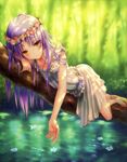  absurdres angel_beats! barefoot branch dappled_sunlight dress flower goto_p head_wreath highres lavender_hair light_smile long_hair looking_at_viewer lying nature outdoors short_dress sleeveless sleeveless_dress solo sunlight tenshi_(angel_beats!) virgo water white_dress yellow_eyes 