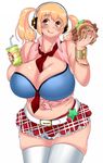  :q bacon belly between_breasts blonde_hair bracelet breasts brown_eyes cleavage drinking_straw egg food hamburger headphones highres huge_breasts jewelry komusou_(jinrikisha) lettuce long_hair looking_at_viewer nail_polish necktie necktie_between_breasts nitroplus plump simple_background smile solo super_pochaco thick_thighs thighhighs thighs tomato tongue tongue_out twintails white_background white_legwear 