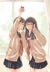  black-framed_eyewear black_hair brown_eyes brown_hair cardigan cellphone cover glasses grin kamo_(gafas) looking_up multiple_girls original phone pleated_skirt school_uniform self_shot serafuku skirt sleeves_past_wrists smile v 