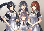  agano_(kantai_collection) alternate_costume apron black_hair braid breasts brown_hair cleavage dress enmaided gloves grey_hair hand_on_own_chest highres kantai_collection large_breasts long_hair maid multiple_girls noshiro_(kantai_collection) open_mouth plan_(planhaplalan) ponytail red_eyes sakawa_(kantai_collection) short_hair smile very_long_hair waist_apron white_gloves yahagi_(kantai_collection) yellow_eyes 