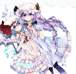  alternate_costume bad_id bad_pixiv_id bat_wings blue_hair bow braid ginzuki_ringo hair_bow hair_ribbon hat highres holding_hands ice_cream_cone long_hair looking_at_viewer mob_cap multiple_girls open_mouth patchouli_knowledge purple_eyes purple_hair red_eyes remilia_scarlet ribbon short_hair touhou twin_braids wings 