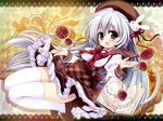  blue_eyes blush book bow bowtie bunny_hair_ornament dress hair_ornament hat highres long_hair looking_at_viewer mushroom nagayama_yuunon open_mouth original plaid plaid_dress ribbon silver_hair solo thighhighs white_legwear 