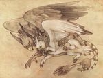  avian beak blajn claws feathers female feral gryph000 gryphon open_mouth plain_background size_difference wings 