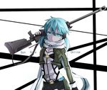  anti-materiel_rifle aqua_eyes aqua_hair fingerless_gloves futago gloves gun pgm_hecate_ii rifle scarf short_hair short_shorts shorts sinon sniper_rifle sniper_scope solo sword_art_online weapon 