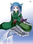  blue_eyes blue_hair blush drill_hair head_fins japanese_clothes kimono mermaid monster_girl open_mouth sakayaki_(burning_soul) sash solo touhou wakasagihime 