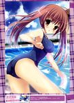  absurdres ass blush breasts brown_hair highres medium_breasts mizusawa_mimori one-piece_swimsuit poolside school_swimsuit solo swim_cap swimsuit twintails yellow_eyes 