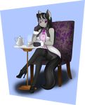  2014 anthro anthrofied black_hair blush chair clothing cup earth_pony equine female friendship_is_magic gloves hair heels horse legwear looking_at_viewer mammal my_little_pony octavia_(mlp) pony purple_eyes saucer shoes sitting solo steam stockings tea tea_cup tea_pot two_tone_hair zzvinniezz 