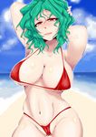  armpits arms_up beach bikini blush breasts green_hair highres kazami_yuuka large_breasts red_bikini red_eyes s-m!le_yuu short_hair solo swimsuit touhou 