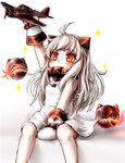  ahoge aircraft airplane covered_mouth holding horns kantai_collection long_hair mittens northern_ocean_hime pale_skin red_eyes reitou_mikan shinkaisei-kan silver_hair sitting solo sparkle 