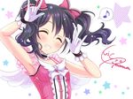  \m/ ^_^ black_hair bow character_name choker clenched_teeth closed_eyes double_\m/ dress eighth_note gloves hair_bow idol love_live! love_live!_school_idol_project musical_note nico_nico_nii red_dress smile solo speech_bubble spoken_musical_note star teeth twintails white_gloves wings yazawa_nico yuuki_(yukinko-02727) 