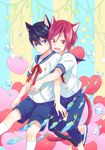  animal_ears bad_id bad_pixiv_id black_hair blue_eyes blush cat_ears cat_tail fangs fish free! hug hug_from_behind kemonomimi_mode male_focus matsuoka_rin multiple_boys nanase_haruka_(free!) open_mouth red_eyes red_hair rihara_(rhrswsk) sailor smile tail yaoi younger 