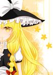  blonde_hair braid finger_to_mouth frilled_hat frills hat highres kirisame_marisa long_hair puffy_short_sleeves puffy_sleeves sakuko short_sleeves shushing smile touhou vest witch_hat yellow_eyes 