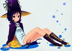  arm_support bad_id bad_pixiv_id blue_hair brown_eyes cape cat chiro_(maji_moji_rurumo) dress futsuka_(two_days_ago) hat maji_moji_rurumo rurumo short_hair sitting solo white_dress witch witch_hat 