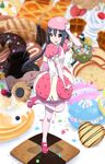  :o absurdres angel_french basket black_hair cake candy checkerboard_cookie cherry cookie doughnut elbow_gloves food food_themed_clothes french_cruller fruit gloves hand_on_headwear hat heart highres in_food k-on! konpeitou leg_up macaron minigirl nakano_azusa oku_no_shi oversized_object pancake pink_gloves pink_legwear red_eyes solo standing standing_on_one_leg star twintails waffle 