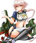 arm_support braid breasts cannon cleavage_cutout cloud_print crop_top gachapon green_legwear kantai_collection large_breasts long_hair mecha_musume midriff pleated_skirt short_sleeves single_braid sitting skirt smile solo tareme thighhighs unryuu_(kantai_collection) very_long_hair white_hair yellow_eyes 