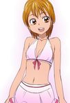  alternate_costume bikini bikini_skirt breasts brown_eyes brown_hair cleavage futari_wa_precure manji_(tenketsu) midriff misumi_nagisa navel open_mouth pink_bikini precure ribbon short_hair simple_background small_breasts smile solo stomach swimsuit white_background 