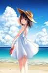  bangs bare_arms bare_shoulders beach brown_eyes brown_hair cloud cloudy_sky commentary_request day dress flip-flops hand_on_headwear hat holding holding_shoes horizon kamon_(shinshin) looking_at_viewer looking_back medium_hair ocean original outdoors sandals shoes shoes_removed short_dress sky sleeveless sleeveless_dress smile solo standing straw_hat sun_hat sundress water 