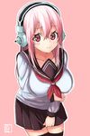  black_legwear blush breasts headphones hiroki_(hirokiart) large_breasts long_hair looking_at_viewer nitroplus pink_hair red_eyes school_uniform serafuku solo super_sonico thighhighs zettai_ryouiki 