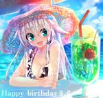  :d anceril_sacred bad_id bad_pixiv_id blue_eyes borrowed_character breasts cleavage dated drink food glass hair_ornament happy_birthday hat ice_cream ice_cream_float large_breasts long_hair looking_at_viewer melon_soda nekoboshi_sakko open_mouth original shirokami_project silver_hair smile solo 