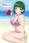  beach bikini blue_hawaii blush breasts day flower glass green_hair hibiscus idolmaster idolmaster_(classic) medium_breasts mole mole_under_mouth multicolored multicolored_bikini multicolored_clothes otonashi_kotori red_eyes short_hair sitting smile solo swimsuit thighs tropical_drink wariza wata_do_chinkuru wristband 