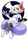  barefoot blonde_hair bow commentary_request dango dress fang food food_on_face hair_bow kugelschreiber leggings looking_at_viewer open_mouth pregnant red_eyes rumia short_hair sitting sleeveless smile solo touhou wagashi 