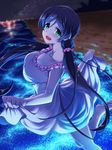  :d aqua_eyes barefoot beach bioluminescence blurry breasts depth_of_field dress emanon123 large_breasts leg_up long_hair looking_at_viewer love_live! love_live!_school_idol_project night night_sky open_mouth profile purple_hair skirt_hold sky smile solo sundress toujou_nozomi twintails very_long_hair water white_dress 