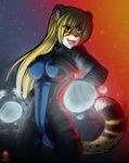  abstract_background amber_eyes anthro avencri blonde_hair body_armor breasts cheetah clothed clothing energy_ball fangs feline female hair long_hair magic_user mammal mihari smile solo spots standing tight_clothing under_boob 
