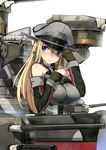  akasaai bismarck_(kantai_collection) blonde_hair blue_eyes blush breasts detached_sleeves gloves hat hat_tip iron_cross kantai_collection large_breasts long_hair looking_at_viewer looking_away machinery military military_hat military_uniform peaked_cap smile solo uniform white_background 
