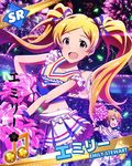  audience beamed_eighth_notes blonde_hair brown_hair card_(medium) character_name character_signature cheerleader emily_stewart fireworks ibuki_tsubasa idolmaster idolmaster_million_live! looking_at_viewer multiple_girls musical_note official_art pom_poms purple_eyes skirt smile stadium twintails 