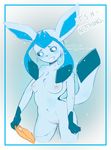  2014 anthro anthrofied blush breasts clothing clue_(artist) eeveelution english_text female glaceon holding looking_at_viewer navel nintendo nude open_mouth pok&eacute;mon pok&eacute;morph pussy pussy_juice solo standing text underwear video_games 