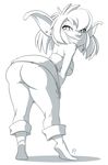  bent_over big_butt butt ear_piercing female freckles goblin lips looking_at_viewer looking_back monochrome piercing smile solo unknown_artist 