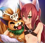  2014 animal_ears breasts cat_ears cleavage dated gnar_(league_of_legends) green_eyes katarina_du_couteau kemonomimi_mode kitty_cat_katarina large_breasts league_of_legends long_hair red_hair rokugatsu_no_usagi scar tongue watermark web_address 