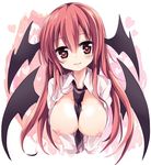  between_breasts black_neckwear blush breasts cleavage head_wings heart heart-shaped_pupils image_sample koakuma large_breasts looking_at_viewer maturiuta_sorato necktie necktie_between_breasts nipples open_clothes open_shirt red_eyes red_hair shirt smile solo symbol-shaped_pupils touhou twitter_sample upper_body 