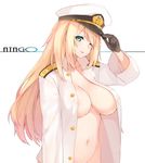  ;p admiral_(kantai_collection) admiral_(kantai_collection)_(cosplay) areola_slip areolae atago_(kantai_collection) black_gloves blonde_hair blush breasts cosplay gloves green_eyes hat hsuliherng kantai_collection large_breasts long_hair looking_at_viewer military military_uniform naked_coat naval_uniform navel one_eye_closed open_clothes open_shirt out-of-frame_censoring shirt simple_background smile solo tongue tongue_out underboob uniform white_background 