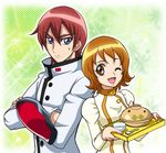  1girl ;d blue_eyes brown_eyes brown_hair coat crossed_arms frown gauntlets green_background hanzou happinesscharge_precure! one_eye_closed oomori_yuuko open_mouth phantom_(happinesscharge_precure!) precure red_hair rice_cooker short_hair smile spoon sweat tray 